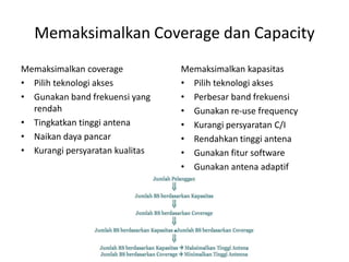 Memaksimalkan Coverage dan Capacity
Memaksimalkan coverage           Memaksimalkan kapasitas
• Pilih teknologi akses          • Pilih teknologi akses
• Gunakan band frekuensi yang    • Perbesar band frekuensi
  rendah                         • Gunakan re-use frequency
• Tingkatkan tinggi antena       • Kurangi persyaratan C/I
• Naikan daya pancar             • Rendahkan tinggi antena
• Kurangi persyaratan kualitas   • Gunakan fitur software
                                 • Gunakan antena adaptif
 