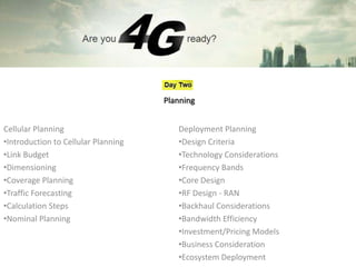 Planning


Cellular Planning                       Deployment Planning
•Introduction to Cellular Planning      •Design Criteria
•Link Budget                            •Technology Considerations
•Dimensioning                           •Frequency Bands
•Coverage Planning                      •Core Design
•Traffic Forecasting                    •RF Design - RAN
•Calculation Steps                      •Backhaul Considerations
•Nominal Planning                       •Bandwidth Efficiency
                                        •Investment/Pricing Models
                                        •Business Consideration
                                        •Ecosystem Deployment
 