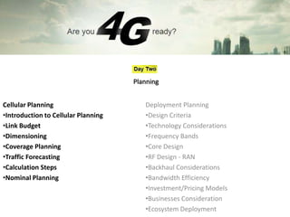 Planning


Cellular Planning                       Deployment Planning
•Introduction to Cellular Planning      •Design Criteria
•Link Budget                            •Technology Considerations
•Dimensioning                           •Frequency Bands
•Coverage Planning                      •Core Design
•Traffic Forecasting                    •RF Design - RAN
•Calculation Steps                      •Backhaul Considerations
•Nominal Planning                       •Bandwidth Efficiency
                                        •Investment/Pricing Models
                                        •Businesses Consideration
                                        •Ecosystem Deployment
 