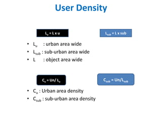 User Density

        Lu = L x u                 Lsub = L x sub

• Lu : urban area wide
• Lsub : sub-urban area wide
• L : object area wide


      Cu = Un/ Lu                 Csub = Un/Lsub

• Cu : Urban area density
• Csub : sub-urban area density
 