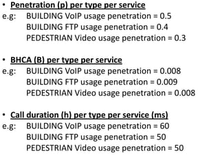 • Penetration (p) per type per service
e.g: BUILDING VoIP usage penetration = 0.5
     BUILDING FTP usage penetration = 0.4
     PEDESTRIAN Video usage penetration = 0.3

• BHCA (B) per type per service
e.g: BUILDING VoIP usage penetration = 0.008
     BUILDING FTP usage penetration = 0.009
     PEDESTRIAN Video usage penetration = 0.008

• Call duration (h) per type per service (ms)
e.g: BUILDING VoIP usage penetration = 60
       BUILDING FTP usage penetration = 50
       PEDESTRIAN Video usage penetration = 50
 