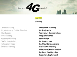 Planning


Cellular Planning                       Deployment Planning
•Introduction to Cellular Planning      •Design Criteria
•Link Budget                            •Technology Considerations
•Dimensioning                           •Frequency Bands
•Coverage Planning                      •Core Design
•Traffic Forecasting                    •RF Design - RAN
•Calculation Steps                      •Backhaul Considerations
•Nominal Planning                       •Bandwidth Efficiency
                                        •Investment/Pricing Models
                                        •Business Consideration
                                        •Ecosystem Deployment
 
