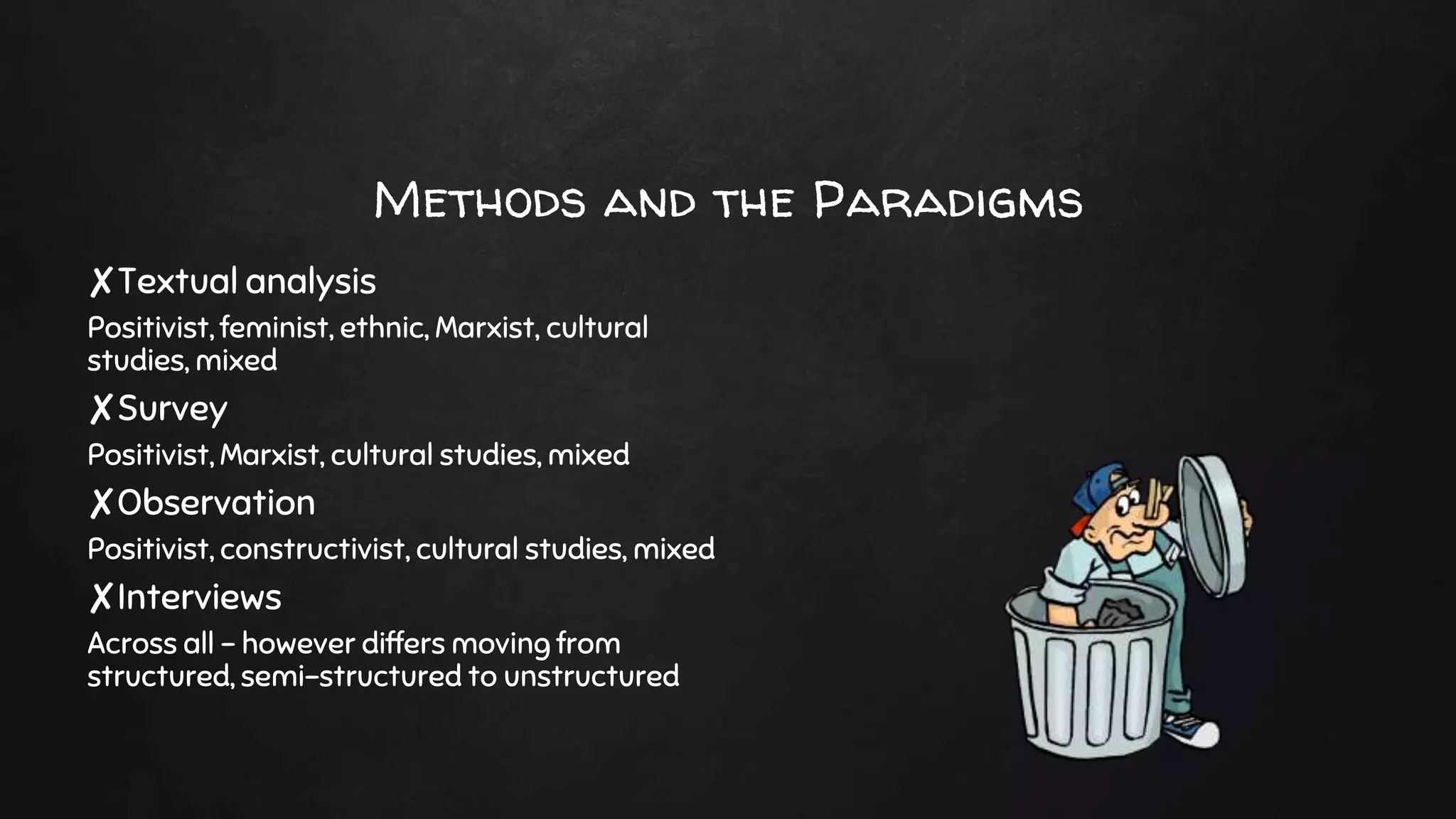 Methods and the Paradigms
✘Textual analysis
Positivist, feminist, ethnic, Marxist, cultural
studies, mixed
✘Survey
Positivist, Marxist, cultural studies, mixed
✘Observation
Positivist, constructivist, cultural studies, mixed
✘Interviews
Across all – however differs moving from
structured, semi-structured to unstructured
 