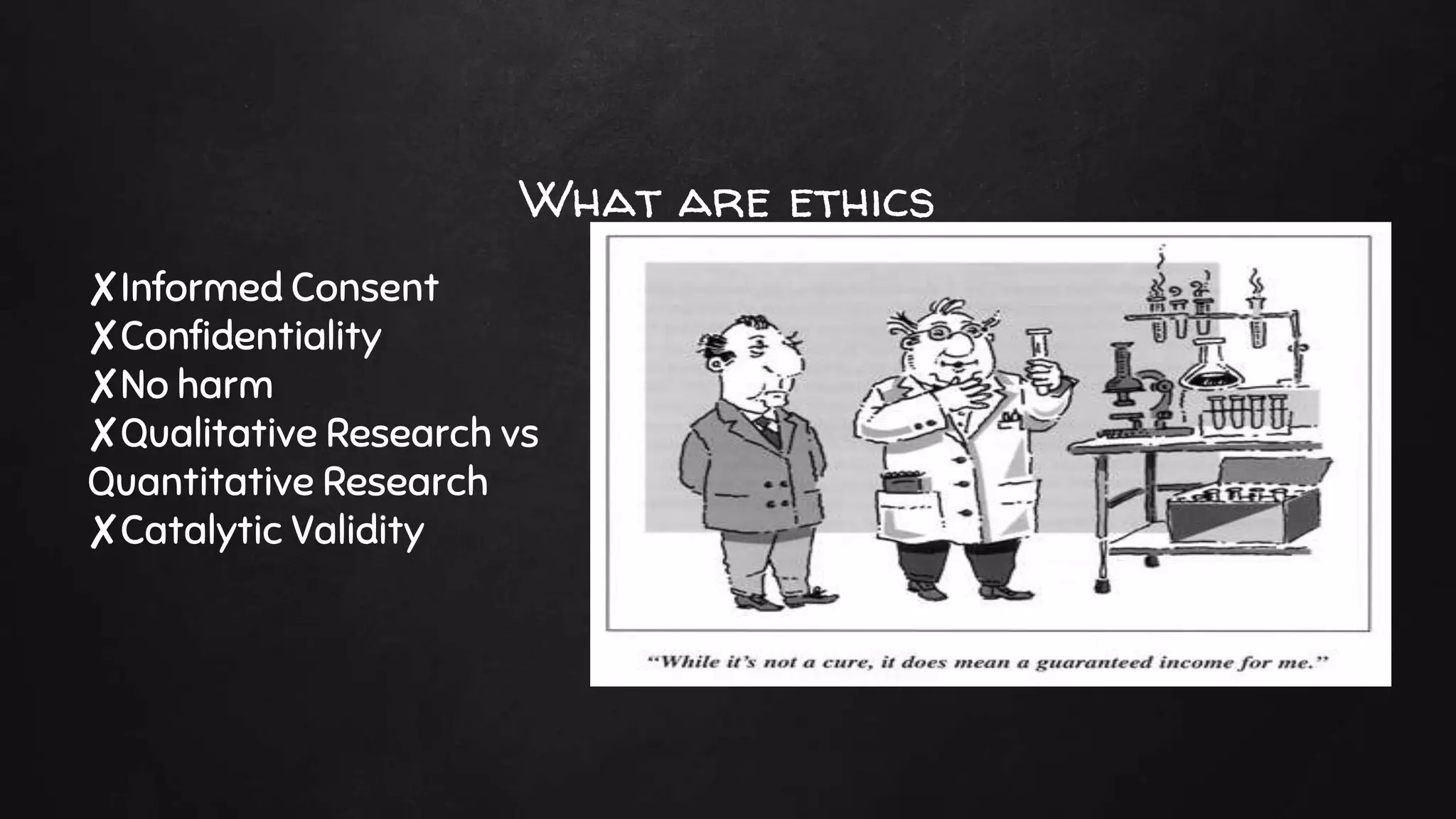 What are ethics
✘Informed Consent
✘Confidentiality
✘No harm
✘Qualitative Research vs
Quantitative Research
✘Catalytic Validity
 