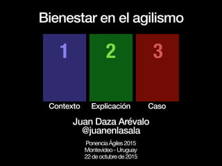 Bienestar en el agilismo
Contexto Explicación Caso
1 2 3
Juan Daza Arévalo
@juanenlasala
PonenciaÁgiles2015

Montevideo-Uruguay

22deoctubrede2015
 