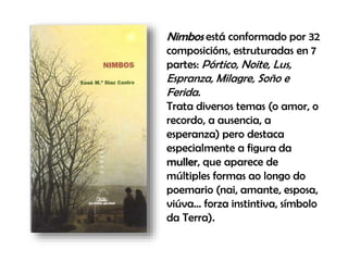 Nimbos está conformado por 32
composicións, estruturadas en 7
partes: Pórtico, Noite, Lus,
Espranza, Milagre, Soño e
Ferida.
Trata diversos temas (o amor, o
recordo, a ausencia, a
esperanza) pero destaca
especialmente a figura da
muller, que aparece de
múltiples formas ao longo do
poemario (nai, amante, esposa,
viúva… forza instintiva, símbolo
da Terra).
 