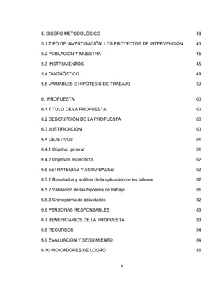 8
5. DISEÑO METODOLÓGICO 43
5.1 TIPO DE INVESTIGACIÓN. LOS PROYECTOS DE INTERVENCIÓN 43
5.2 POBLACIÓN Y MUESTRA 45
5.3 INSTRUMENTOS 45
5.4 DIAGNÓSTICO 49
5.5 VARIABLES E HIPÓTESIS DE TRABAJO 59
6. PROPUESTA 60
6.1 TÍTULO DE LA PROPUESTA 60
6.2 DESCRIPCIÓN DE LA PROPUESTA 60
6.3 JUSTIFICACIÓN 60
6.4 OBJETIVOS 61
6.4.1 Objetivo general 61
6.4.2 Objetivos específicos 62
6.5 ESTRATEGIAS Y ACTIVIDADES 62
6.5.1 Resultados y análisis de la aplicación de los talleres 62
6.5.2 Validación de las hipótesis de trabajo 81
6.5.3 Cronograma de actividades 82
6.6 PERSONAS RESPONSABLES 83
6.7 BENEFICIARIOS DE LA PROPUESTA 83
6.8 RECURSOS 84
6.9 EVALUACIÓN Y SEGUIMIENTO 84
6.10 INDICADORES DE LOGRO 85
 