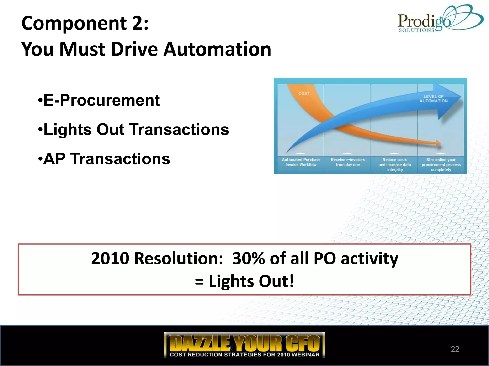 Component 2:
You Must Drive Automation

 •E-Procurement
 •Lights Out Transactions
 •AP Transactions




       2010 Resolution: 30% of all PO activity
                   = Lights Out!


                                                 22
 