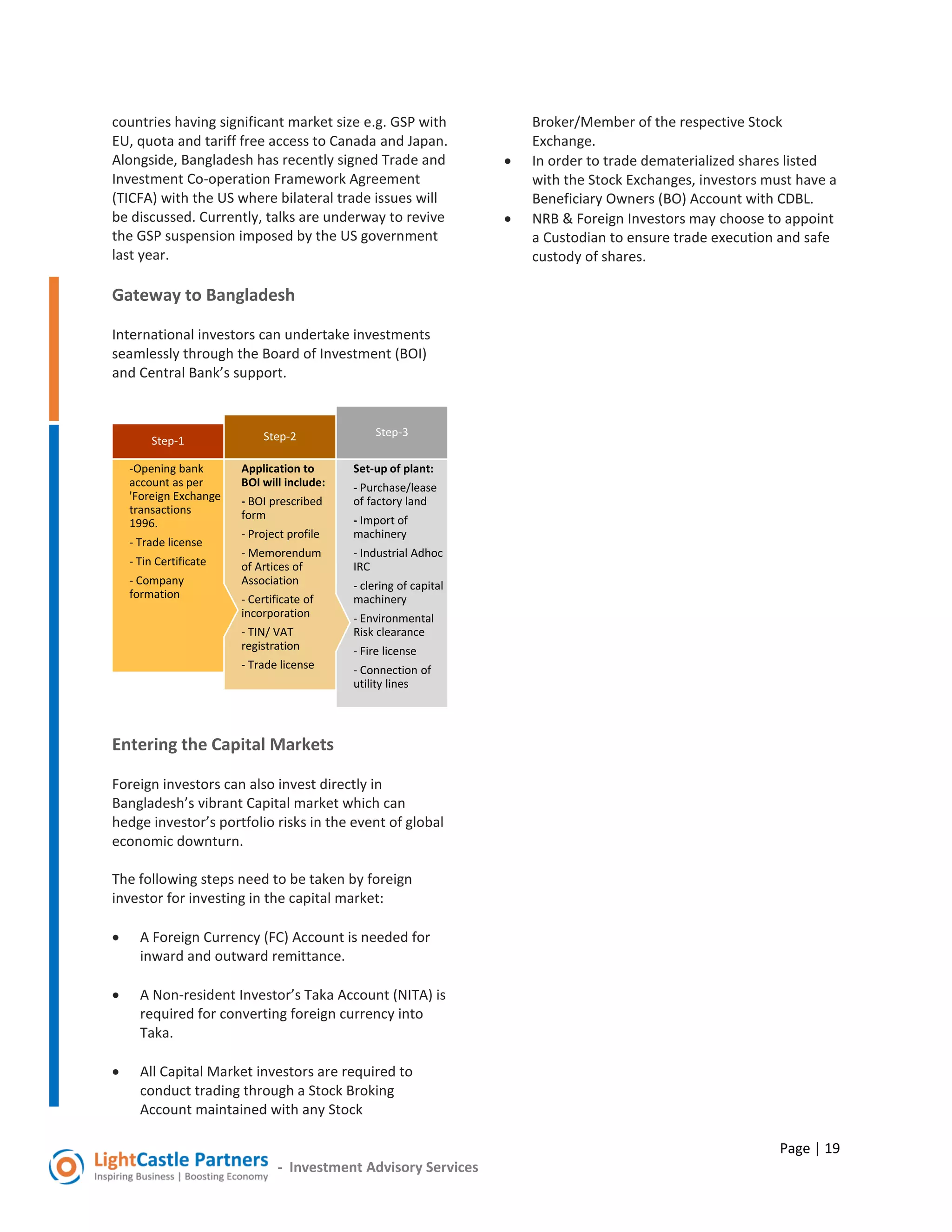 Page | 19
- Investment Advisory Services
countries having significant market size e.g. GSP with
EU, quota and tariff free access to Canada and Japan.
Alongside, Bangladesh has recently signed Trade and
Investment Co-operation Framework Agreement
(TICFA) with the US where bilateral trade issues will
be discussed. Currently, talks are underway to revive
the GSP suspension imposed by the US government
last year.
Gateway to Bangladesh
International investors can undertake investments
seamlessly through the Board of Investment (BOI)
and Central Bank’s support.
Entering the Capital Markets
Foreign investors can also invest directly in
Bangladesh’s vibrant Capital market which can
hedge investor’s portfolio risks in the event of global
economic downturn.
The following steps need to be taken by foreign
investor for investing in the capital market:
 A Foreign Currency (FC) Account is needed for
inward and outward remittance.
 A Non-resident Investor’s Taka Account (NITA) is
required for converting foreign currency into
Taka.
 All Capital Market investors are required to
conduct trading through a Stock Broking
Account maintained with any Stock
Broker/Member of the respective Stock
Exchange.
 In order to trade dematerialized shares listed
with the Stock Exchanges, investors must have a
Beneficiary Owners (BO) Account with CDBL.
 NRB & Foreign Investors may choose to appoint
a Custodian to ensure trade execution and safe
custody of shares.
Set-up of plant:
- Purchase/lease
of factory land
- Import of
machinery
- Industrial Adhoc
IRC
- clering of capital
machinery
- Environmental
Risk clearance
- Fire license
- Connection of
utility lines
Step-3
Application to
BOI will include:
- BOI prescribed
form
- Project profile
- Memorendum
of Artices of
Association
- Certificate of
incorporation
- TIN/ VAT
registration
- Trade license
Step-2
-Opening bank
account as per
'Foreign Exchange
transactions
1996.
- Trade license
- Tin Certificate
- Company
formation
Step-1
 