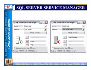 UU
SQL SERVER SERVICE MANAGER
ỞDỮLiỆUỞDỮLiỆU
MSMS
NTRỊCƠSNTRỊCƠS
VỀDBMVỀDBM
HẦNQuẢNHẦNQuẢN
QUANVQUANV
NGNGHỌCPHHỌCPH
TỔNGQTỔNGQ
BÀIGIẢNBÀIGIẢN
TT
TRẦN NGỌC BẢOTRẦN NGỌC BẢO KHOA TOÁNKHOA TOÁN --TIN HỌCTIN HỌC ĐẠI HỌC SƯ PHẠM TP.HCM (ĐẠI HỌC SƯ PHẠM TP.HCM (2424))TRẦN NGỌC BẢOTRẦN NGỌC BẢO KHOA TOÁNKHOA TOÁN --TIN HỌCTIN HỌC ĐẠI HỌC SƯ PHẠM TP.HCM (ĐẠI HỌC SƯ PHẠM TP.HCM (2424))
 
