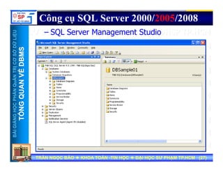 UU
Công cụ SQL Server 2000/2005/2008
SQL Server Management Studio
ỞDỮLiỆUỞDỮLiỆU
MSMS
– SQL Server Management Studio
NTRỊCƠSNTRỊCƠS
VỀDBMVỀDBM
HẦNQuẢNHẦNQuẢN
QUANVQUANV
NGNGHỌCPHHỌCPH
TỔNGQTỔNGQ
BÀIGIẢNBÀIGIẢN
TT
TRẦN NGỌC BẢOTRẦN NGỌC BẢO KHOA TOÁNKHOA TOÁN --TIN HỌCTIN HỌC ĐẠI HỌC SƯ PHẠM TP.HCM (ĐẠI HỌC SƯ PHẠM TP.HCM (2727))TRẦN NGỌC BẢOTRẦN NGỌC BẢO KHOA TOÁNKHOA TOÁN --TIN HỌCTIN HỌC ĐẠI HỌC SƯ PHẠM TP.HCM (ĐẠI HỌC SƯ PHẠM TP.HCM (2727))
 