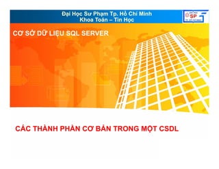 Đại Học Sư Phạm Tp. Hồ Chí MinhĐại Học Sư Phạm Tp. Hồ Chí Minh
Khoa ToánKhoa Toán –– Tin HọcTin Học
CƠ SỞ DỮ LIỆU SQL SERVERCƠ SỞ DỮ LIỆU SQL SERVERCƠ SỞ DỮ LIỆU SQL SERVERCƠ SỞ DỮ LIỆU SQL SERVER
CÁC THÀNH PHẦN CƠ BẢN TRONG MỘT CSDL
 
