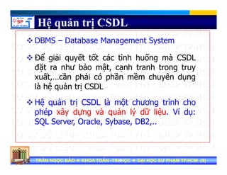 Hệ quản trị CSDL
DBMS – Database Management System
ể ả ế ố á ì h h ố àĐể giải quyết tốt các tình huống mà CSDL
đặt ra như bảo mật, cạnh tranh trong truy
xuất cần phải có phần mềm chuyên dụngxuất,…cần phải có phần mềm chuyên dụng
là hệ quản trị CSDL
Hệ quản trị CSDL là một chương trình cho
phép xây dựng và quản lý dữ liệu. Ví dụ:
SQL Server Oracle Sybase DB2SQL Server, Oracle, Sybase, DB2,..
Tran Ngoc BaoTran Ngoc Bao DaiDai hoc Su Pham TP.HCMhoc Su Pham TP.HCMTRẦN NGỌC BẢOTRẦN NGỌC BẢO KHOA TOÁNKHOA TOÁN --TIN HỌCTIN HỌC ĐẠI HỌC SƯ PHẠM TP.HCM (ĐẠI HỌC SƯ PHẠM TP.HCM (99))TRẦN NGỌC BẢOTRẦN NGỌC BẢO KHOA TOÁNKHOA TOÁN --TIN HỌCTIN HỌC ĐẠI HỌC SƯ PHẠM TP.HCM (ĐẠI HỌC SƯ PHẠM TP.HCM (99))99
 