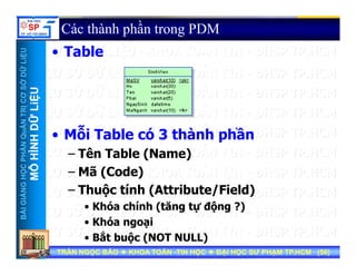 UU
Các thành phần trong PDM
• Table
ỞDỮLiỆUỞDỮLiỆU
• Table
NTRỊCƠSNTRỊCƠS
ỮLiỆUỮLiỆU
HẦNQuẢNHẦNQuẢN
HÌNHDỮHÌNHDỮ
• Mỗi Table có 3 thành phần
– Tên Table (Name)
NGNGHỌCPHHỌCPH
MÔHMÔH
Tên Table (Name)
– Mã (Code)
Thuộc tính (Attribute/Field)
BÀIGIẢNBÀIGIẢN
– Thuộc tính (Attribute/Field)
• Khóa chính (tăng tự động ?)
• Khóa ngoại
TRẦN NGỌC BẢOTRẦN NGỌC BẢO KHOA TOÁNKHOA TOÁN --TIN HỌCTIN HỌC ĐẠI HỌC SƯ PHẠM TP.HCM (ĐẠI HỌC SƯ PHẠM TP.HCM (5656))TRẦN NGỌC BẢOTRẦN NGỌC BẢO KHOA TOÁNKHOA TOÁN --TIN HỌCTIN HỌC ĐẠI HỌC SƯ PHẠM TP.HCM (ĐẠI HỌC SƯ PHẠM TP.HCM (5656))
Khóa ngoại
• Bắt buộc (NOT NULL)
 