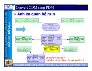 UU
Convert CDM sang PDM
Á h hệ
ỞDỮLiỆUỞDỮLiỆU
• Ánh xạ quan hệ m-n
NTRỊCƠSNTRỊCƠS
ỮLiỆUỮLiỆU
HẦNQuẢNHẦNQuẢN
HÌNHDỮHÌNHDỮ
NGNGHỌCPHHỌCPH
MÔHMÔH
BÀIGIẢNBÀIGIẢN
Chọn mô hình nào ?Chọn mô hình nào ?
TRẦN NGỌC BẢOTRẦN NGỌC BẢO KHOA TOÁNKHOA TOÁN --TIN HỌCTIN HỌC ĐẠI HỌC SƯ PHẠM TP.HCM (ĐẠI HỌC SƯ PHẠM TP.HCM (7474))TRẦN NGỌC BẢOTRẦN NGỌC BẢO KHOA TOÁNKHOA TOÁN --TIN HỌCTIN HỌC ĐẠI HỌC SƯ PHẠM TP.HCM (ĐẠI HỌC SƯ PHẠM TP.HCM (7474))
Chọn mô hình nào ?Chọn mô hình nào ?
Ưu điểm, nhược điểm của mỗi mô hình ?Ưu điểm, nhược điểm của mỗi mô hình ?
 