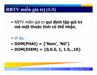 RBTV miền giá trị (1/3)
• RBTV miền giá trị qui định tập giá trịRBTV miền giá trị qui định tập giá trị
mà một thuộc tính có thể nhận.
• Ví dụ:
O ( ) {‘ ’ ‘ ữ’}• DOM(PHAI) = {‘Nam’, ‘Nữ’}
• DOM(DIEM) = {0,0.5, 1, 1.5,..10}
Tran Ngoc BaoTran Ngoc Bao 1919 Dai hoc Su Pham TP.HCMDai hoc Su Pham TP.HCM19
 