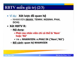 RBTV miền giá trị (2/3)
• Ví dụ: Xét lược đồ quan hệ
NHANVIEN (MANV TENNV NGSINH PHAI– NHANVIEN (MANV, TENNV, NGSINH, PHAI,
DCHI)
• Xét RBTV R:• Xét RBTV R:
– Nội dung:
• Phái của nhân viên chỉ có thể là ‘Nam’Phái của nhân viên chỉ có thể là Nam
hoặc ‘Nữ’
• ∀n ∈ NHANVIEN: n.PHAI IN {‘Nam’,’Nữ’}
– Bối cảnh: quan hệ NHANVIEN
Tran Ngoc BaoTran Ngoc Bao 2020 Dai hoc Su Pham TP.HCMDai hoc Su Pham TP.HCM20
 
