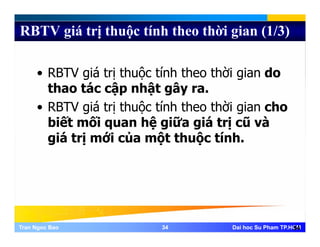 RBTV giá trị thuộc tính theo thời gian (1/3)
• RBTV giá trị thuộc tính theo thời gian doRBTV giá trị thuộc tính theo thời gian do
thao tác cập nhật gây ra.
• RBTV giá trị thuộc tính theo thời gian cho• RBTV giá trị thuộc tính theo thời gian cho
biết mối quan hệ giữa giá trị cũ và
giá trị mới của một thuộc tínhgiá trị mới của một thuộc tính.
Tran Ngoc BaoTran Ngoc Bao 3434 Dai hoc Su Pham TP.HCMDai hoc Su Pham TP.HCM34
 