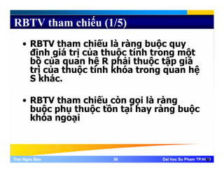 RBTV tham chiếu (1/5)
• RBTV tham chiếu là ràng buộc quy
định giá trị của thuộc tính trong mộtđịnh giá trị của thuộc tính trong một
bộ của quan hệ R phải thuộc tập giá
trị của thuộc tính khóa trong quan hệ
S kháS khác.
RBTV th hiế ò i là à• RBTV tham chiếu còn gọi là ràng
buộc phụ thuộc tồn tại hay ràng buộc
khóa ngoạikhóa ngoại
Tran Ngoc BaoTran Ngoc Bao 3838 Dai hoc Su Pham TP.HCMDai hoc Su Pham TP.HCM38
 