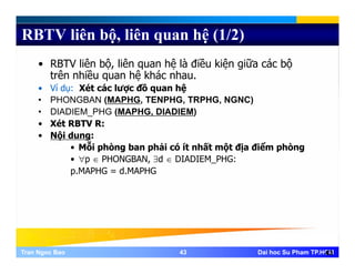 RBTV liên bộ, liên quan hệ (1/2)
• RBTV liên bộ, liên quan hệ là điều kiện giữa các bộ
trên nhiều quan hệ khác nhau.
Ví d Xét á lượ đồ hệ• Ví dụ: Xét các lược đồ quan hệ
• PHONGBAN (MAPHG, TENPHG, TRPHG, NGNC)
• DIADIEM_PHG (MAPHG, DIADIEM)
é• Xét RBTV R:
• Nội dung:
• Mỗi phòng ban phải có ít nhất một địa điểm phòng
• ∀p ∈ PHONGBAN, ∃d ∈ DIADIEM_PHG:
p.MAPHG = d.MAPHG
Tran Ngoc BaoTran Ngoc Bao 4343 Dai hoc Su Pham TP.HCMDai hoc Su Pham TP.HCM43
 