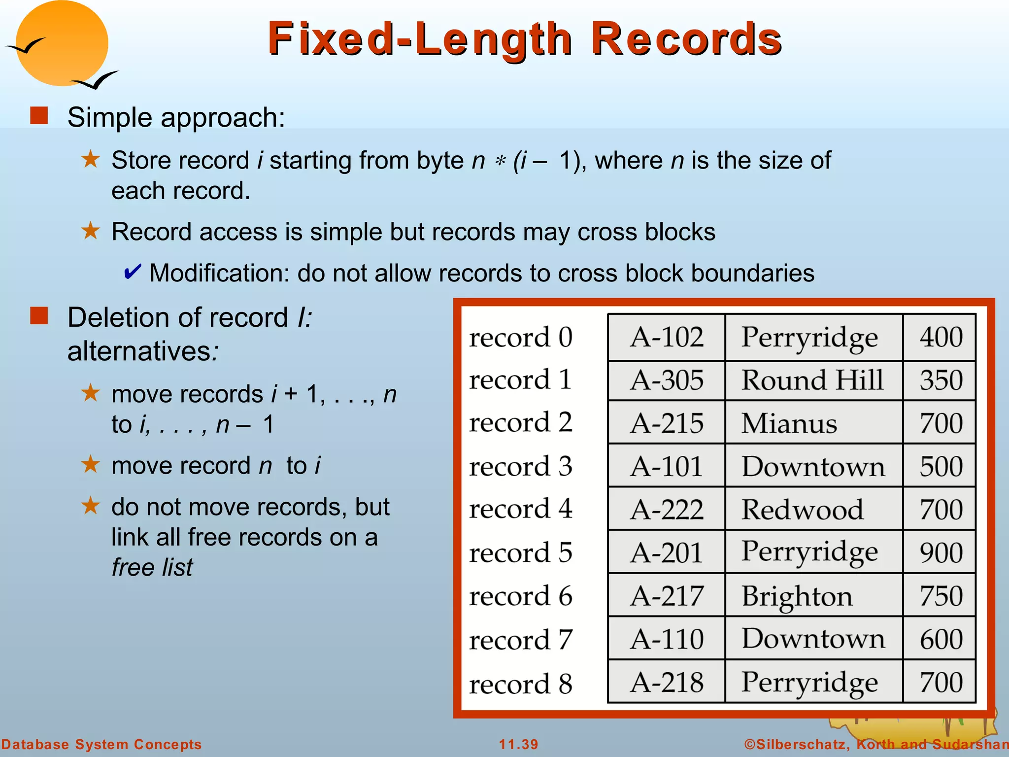 Fixed-Length Records Simple approach: Store record  i  starting from byte  n    (i –  1), where  n  is the size of each record. Record access is simple but records may cross blocks Modification: do not allow records to cross block boundaries Deletion of record  I:  alternatives : move records  i  + 1, . . .,  n   to  i, . . . , n –  1 move record  n  to  i do not move records, but  link all free records on a free list 