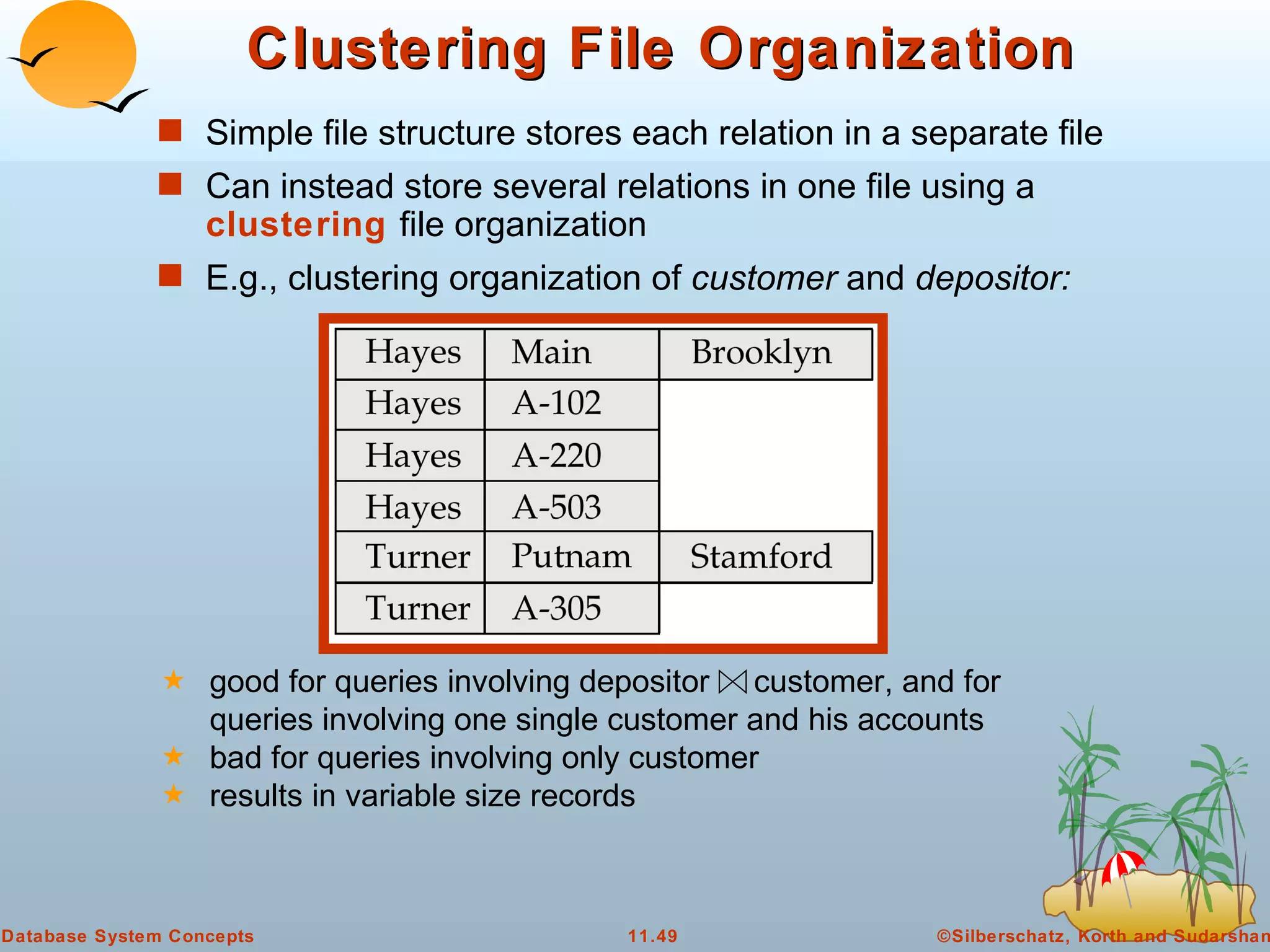 Clustering File Organization Simple file structure stores each relation in a separate file  Can instead store several relations in one file using a  clustering   file organization E.g., clustering organization of  customer  and  depositor: good for queries involving depositor  customer, and for queries involving one single customer and his accounts bad for queries involving only customer results in variable size records 