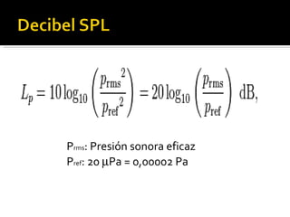 P rms : Presión sonora eficaz P ref : 20   Pa = 0,00002 Pa 