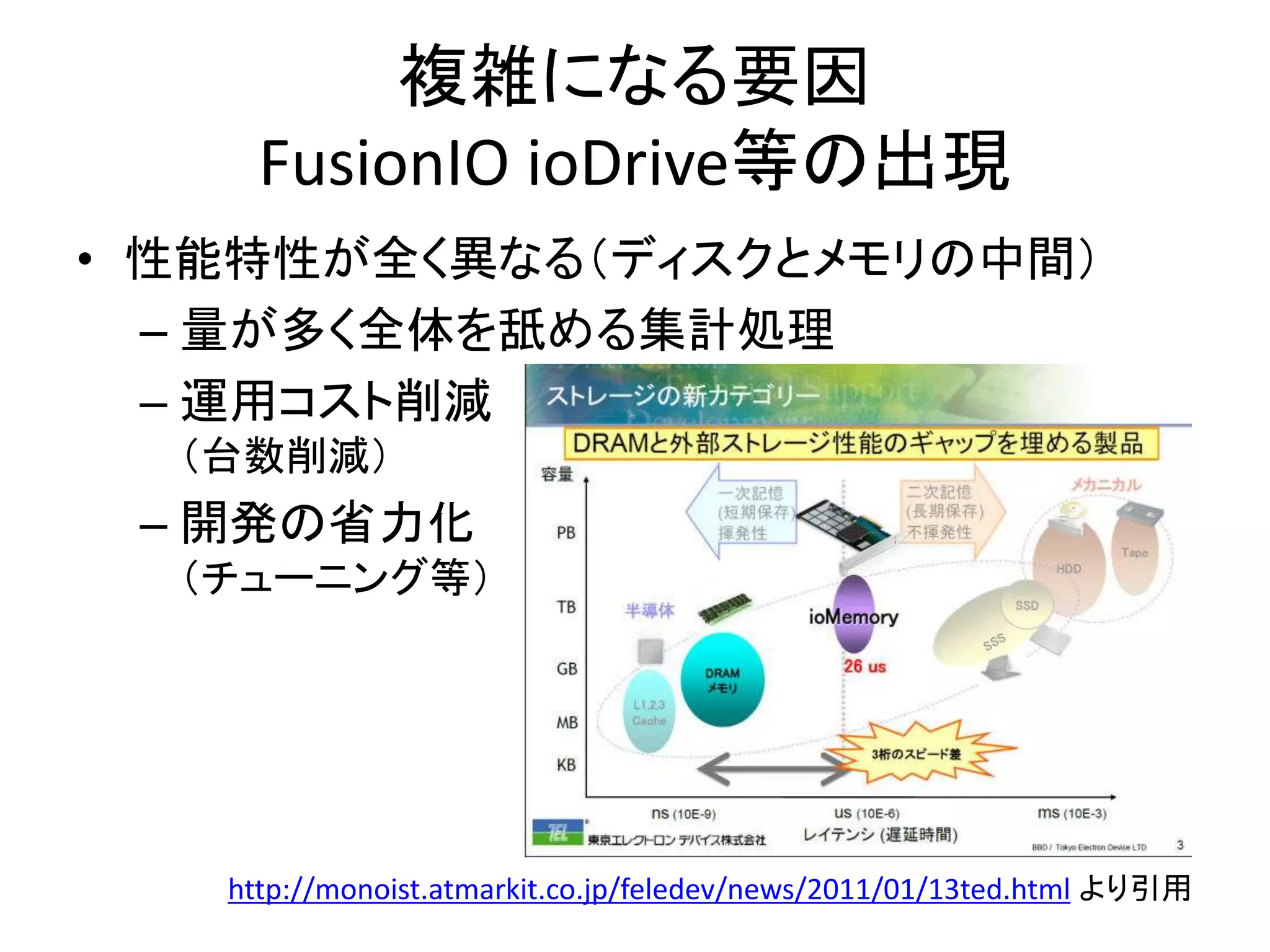 複雑になる要因
     FusionIO ioDrive等の出現
• 性能特性が全く異なる（ディスクとメモリの中間）
  – 量が多く全体を舐める集計処理
  – 運用コスト削減
  （台数削減）
 – 開発の省力化
  （チューニング等）




   http://monoist.atmarkit.co.jp/feledev/news/2011/01/13ted.html より引用
 