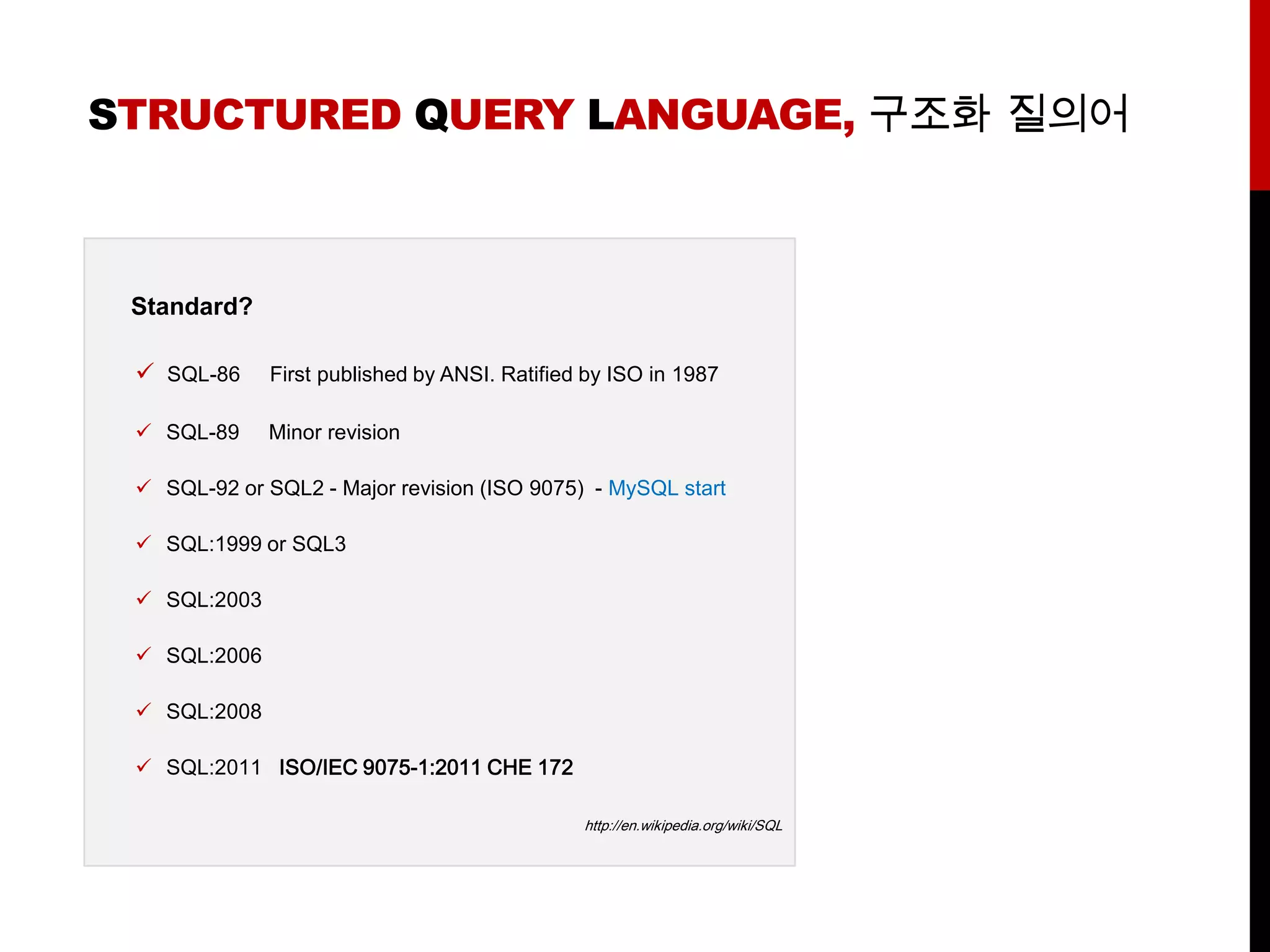 STRUCTURED QUERY LANGUAGE, 구조화 질의어



 Standard?

  SQL-86     First published by ANSI. Ratified by ISO in 1987

  SQL-89     Minor revision

  SQL-92 or SQL2 - Major revision (ISO 9075) - MySQL start

  SQL:1999 or SQL3

  SQL:2003

  SQL:2006

  SQL:2008

  SQL:2011 ISO/IEC 9075-1:2011 CHE 172

                                               http://en.wikipedia.org/wiki/SQL
 