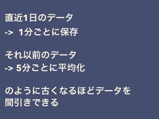 直近1日のデータ
-> 1分ごとに保存
それ以前のデータ
-> 5分ごとに平均化
のように古くなるほどデータを
間引きできる
 