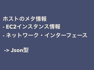 ホストのメタ情報
- EC2インスタンス情報
- ネットワーク・インターフェース
-> Json型
 
