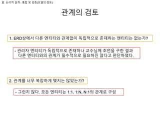 관계의 검토
Ⅲ. 논리적 설계 : 통합 및 검증(모델의 검토)
1. ERD상에서 다른 엔티티와 관계없이 독립적으로 존재하는 엔티티는 없는가?
- 관리자 엔티티가 독립적으로 존재하나 교수님께 조언을 구한 결과
다른 엔티티와의 관계가 필수적으로 필요하진 않다고 판단하였다.
2. 관계를 너무 복잡하게 맺지는 않았는가?
- 그런지 않다. 모든 엔티티는 1:1, 1:N, N:1의 관계로 구성
 