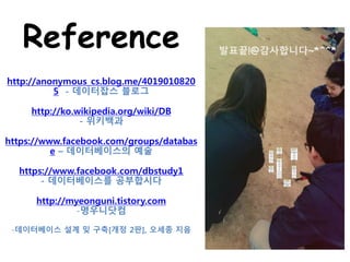 Reference
http://anonymous_cs.blog.me/4019010820
5 - 데이터잡스 블로그
http://ko.wikipedia.org/wiki/DB
- 위키백과
https://www.facebook.com/groups/databas
e – 데이터베이스의 예술
https://www.facebook.com/dbstudy1
- 데이터베이스를 공부합시다
http://myeonguni.tistory.com
-명우니닷컴
-데이터베이스 설계 밎 구축[개정 2판], 오세종 지음
발표끝!@감사합니다~*^^*
 