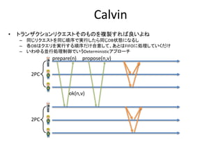 Calvin
• トランザクションリクエストそのものを複製すれば良いよね
– 同じリクエストを同じ順序で実行したら同じDB状態になるし
– 各DBはクエリを実行する順序だけ合意して、あとはFIFOに処理していくだけ
– いわゆる並行処理制御でいうDeterministicアプローチ
2PC
2PC
prepare(n) propose(n,v)
ok(n,v)
 
