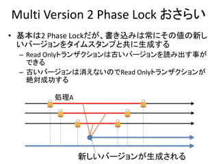 Multi Version 2 Phase Lock おさらい
• 基本は2 Phase Lockだが、書き込みは常にその値の新し
いバージョンをタイムスタンプと共に生成する
– Read Onlyトランザクションは古いバージョンを読み出す事が
できる
– 古いバージョンは消えないのでRead Onlyトランザクションが
絶対成功する
処理A
新しいバージョンが生成される
 
