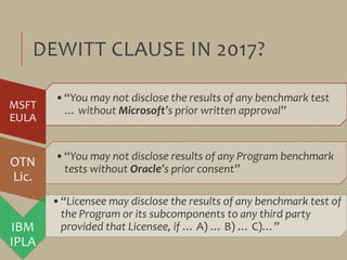 DEWITT CLAUSE IN 2017?
MSFT
EULA
•“You may not disclose the results of any benchmark test
… without Microsoft’s prior writ...