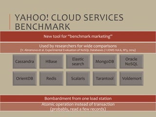 YAHOO! CLOUD SERVICES
BENCHMARK
New tool for “benchmark marketing”
Used by researchers for wide comparisons
(V. Abramova e...