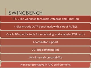 SWINGBENCH
TPC-C-like workload for Oracle Database and TimesTen
+ Idiosyncratic OLTP benchmark with a lot of PL/SQL
Oracle...