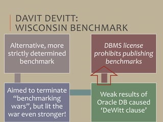 DAVIT DEVITT:
WISCONSIN BENCHMARK
Alternative, more
strictly determined
benchmark
Aimed to terminate
“benchmarking
wars”, but lit the
war even stronger!
Weak results of
Oracle DB caused
‘DeWitt clause’
DBMS license
prohibits publishing
benchmarks
 