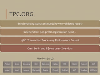 TPC.ORG
Benchmarking wars continued: how to validated result?
Independent, non-profit organization need…
1988: Transaction...