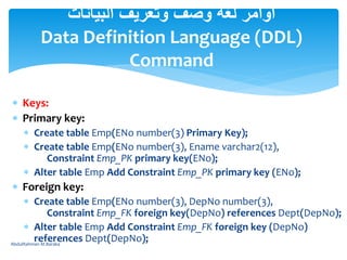  Keys:
 Primary key:
 Create table Emp(ENo number(3) Primary Key);
 Create table Emp(ENo number(3), Ename varchar2(12),
Constraint Emp_PK primary key(ENo);
 Alter table Emp Add Constraint Emp_PK primary key (ENo);
 Foreign key:
 Create table Emp(ENo number(3), DepNo number(3),
Constraint Emp_FK foreign key(DepNo) references Dept(DepNo);
 Alter table Emp Add Constraint Emp_FK foreign key (DepNo)
references Dept(DepNo);
‫البيانات‬ ‫وتعريف‬ ‫وصف‬ ‫لغة‬ ‫أوامر‬
Data Definition Language (DDL)
Command
AbdulRahman M.Baraka
 