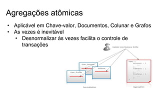 Agregações atômicas
• Aplicável em Chave-valor, Documentos, Colunar e Grafos
• As vezes é inevitável
• Desnormalizar às vezes facilita o controle de
transações
 