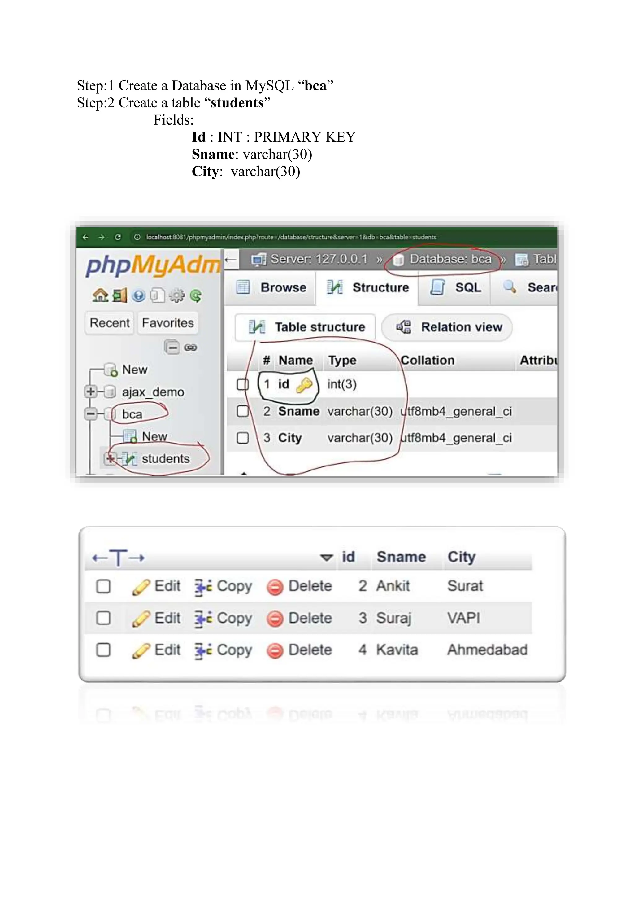 Step:1 Create a Database in MySQL “bca” Step:2 Create a table “students” Fields: Id : INT : PRIMARY KEY Sname: varchar(30) City: varchar(30) 