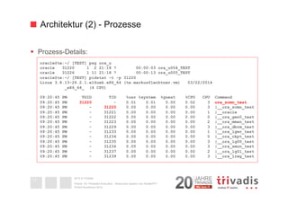 Architektur (2) - Prozesse 
§ Prozess-Details: 
2014 © Trivadis 
Oracle 12c Threaded Execution - Resourcen sparen zum Nulltarif?!? 
DOAG-Konferenz 2014 
17 
oracle@te:~/ [TEST] psg ora_u 
oracle 31220 1 2 21:18 ? 00:00:03 ora_u004_TEST 
oracle 31226 1 11 21:18 ? 00:00:13 ora_u005_TEST 
oracle@te:~/ [TEST] pidstat -t -p 31220 
Linux 3.8.13-26.2.1.el6uek.x86_64 (te.markusflechtner.vm) 03/22/2014 
_x86_64_ (4 CPU) 
09:20:45 PM TGID TID %usr %system %guest %CPU CPU Command 
09:20:45 PM 31220 - 0.01 0.01 0.00 0.02 3 ora_scmn_test 
09:20:45 PM - 31220 0.00 0.00 0.00 0.00 3 |__ora_scmn_test 
09:20:45 PM - 31221 0.00 0.00 0.00 0.00 1 |__oracle 
09:20:45 PM - 31222 0.00 0.00 0.00 0.00 0 |__ora_gen0_test 
09:20:45 PM - 31223 0.00 0.00 0.00 0.00 2 |__ora_mman_test 
09:20:45 PM - 31229 0.00 0.00 0.00 0.00 3 |__ora_dbrm_test 
09:20:45 PM - 31233 0.00 0.00 0.00 0.00 1 |__ora_lgwr_test 
09:20:45 PM - 31234 0.00 0.00 0.00 0.00 0 |__ora_ckpt_test 
09:20:45 PM - 31235 0.00 0.00 0.00 0.00 3 |__ora_lg00_test 
09:20:45 PM - 31236 0.00 0.00 0.00 0.00 3 |__ora_smon_test 
09:20:45 PM - 31237 0.00 0.00 0.00 0.00 2 |__ora_lg01_test 
09:20:45 PM - 31239 0.00 0.00 0.00 0.00 3 |__ora_lreg_test 
 