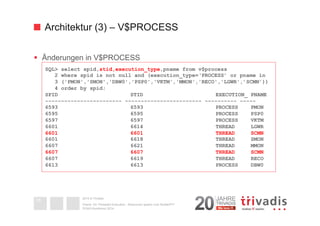 Architektur (3) – V$PROCESS 
§ Änderungen in V$PROCESS 
2014 © Trivadis 
Oracle 12c Threaded Execution - Resourcen sparen zum Nulltarif?!? 
DOAG-Konferenz 2014 
18 
SQL> select spid,stid,execution_type,pname from v$process 
2 where spid is not null and (execution_type=‘PROCESS’ or pname in 
3 ('PMON','SMON','DBW0','PSP0','VKTM','MMON','RECO','LGWR',’SCMN’)) 
4 order by spid; 
SPID STID EXECUTION_ PNAME 
------------------------ ------------------------ ---------- ----- 
6593 6593 PROCESS PMON 
6595 6595 PROCESS PSP0 
6597 6597 PROCESS VKTM 
6601 6614 THREAD LGWR 
6601 6601 THREAD SCMN 
6601 6618 THREAD SMON 
6607 6621 THREAD MMON 
6607 6607 THREAD SCMN 
6607 6619 THREAD RECO 
6613 6613 PROCESS DBW0 
 