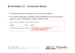Architektur (7) – Connection Broker 
§ Threaded Execution benötigt einen Connection Broker 
§ Der (neue) Parameter CONNECTION_BROKERS wird automatisch 
gesetzt, wenn THREADED_EXECUTION=TRUE 
2014 © Trivadis 
Oracle 12c Threaded Execution - Resourcen sparen zum Nulltarif?!? 
DOAG-Konferenz 2014 
22 
SQL> show parameter connection_brokers 
NAME TYPE VALUE 
------------------ ------- ---------------------------------------- 
connection_brokers string ((TYPE=DEDICATED)(BROKERS=1)), 
((TYPE=EMON)(BROKERS=1)) 
 