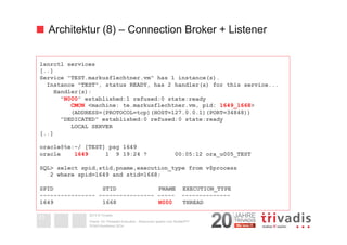 Architektur (8) – Connection Broker + Listener 
lsnrctl services 
[..] 
Service "TEST.markusflechtner.vm" has 1 instance(s). 
2014 © Trivadis 
Oracle 12c Threaded Execution - Resourcen sparen zum Nulltarif?!? 
DOAG-Konferenz 2014 
23 
Instance "TEST", status READY, has 2 handler(s) for this service... 
Handler(s): 
"N000" established:1 refused:0 state:ready 
CMON <machine: te.markusflechtner.vm, pid: 1649_1668> 
(ADDRESS=(PROTOCOL=tcp)(HOST=127.0.0.1)(PORT=34848)) 
"DEDICATED" established:0 refused:0 state:ready 
LOCAL SERVER 
[..] 
oracle@te:~/ [TEST] psg 1649 
oracle 1649 1 9 19:24 ? 00:05:12 ora_u005_TEST 
SQL> select spid,stid,pname,execution_type from v$process 
2 where spid=1649 and stid=1668; 
SPID STID PNAME EXECUTION_TYPE 
---------------- ---------------- ----- -------------- 
1649 1668 N000 THREAD 
 