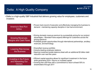 America’s Best Run
Airline
Growing Revenues,
Margins and Cash Flows
Lowering Risk Across
the Business
• Driving domestic revenue premium by successfully pricing for our product
advantages – Branded Fares expand offerings for customers across the
pricing spectrum
• Profitable growth opportunities through international partnerships, ancillary
revenues, and technology
• Efficient capital spending allows for significant investment in the future
while generating 20%+ returns on invested capital
• Growing free cash flow with a commitment to return at least 50% to
shareholders through 2017
• Delta is a high-quality S&P Industrial that delivers growing value for employees, customers and
investors
16
Investing in the Future
and Rewarding Our
Owners
• Diversified revenue portfolio
• Industry-leading employee relations
• Nearing investment grade balance sheet with an additional $3 billion debt
reduction over next two years
• Proven track record of execution and effectively managing the business to
demand - maintaining capacity discipline in low fuel environment
Delta: A High Quality Company
 