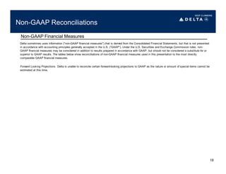 Non-GAAP Reconciliations
Non-GAAP Financial Measures
18
Delta sometimes uses information ("non-GAAP financial measures") that is derived from the Consolidated Financial Statements, but that is not presented
in accordance with accounting principles generally accepted in the U.S. (“GAAP”). Under the U.S. Securities and Exchange Commission rules, non-
GAAP financial measures may be considered in addition to results prepared in accordance with GAAP, but should not be considered a substitute for or
superior to GAAP results. The tables below show reconciliations of non-GAAP financial measures used in this presentation to the most directly
comparable GAAP financial measures.
Forward Looking Projections. Delta is unable to reconcile certain forward-looking projections to GAAP as the nature or amount of special items cannot be
estimated at this time.
 