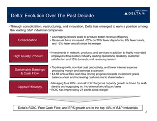 Delta: Evolution Over The Past Decade
Consolidation
High Quality Product
Sustainable Earnings
& Cash Flow
• Investments in network, products, and services in addition to highly motivated
employees drive Delta’s industry leading operational reliability, customer
satisfaction and 15% domestic unit revenue premium
• Leveraging network scale to produce better revenue efficiency
• Revenues have increased ~20% on 20% fewer departures, 6% fewer seats,
and 12% fewer aircraft since the merger
• Managing to a 20%+ annual ROIC target as capacity growth is driven by seat-
density and upgauging vs. incremental aircraft purchases
• ROIC has improved by 21 points since merger
• Through consolidation, restructuring, and innovation, Delta has emerged to earn a position among
the leading S&P industrial companies
3
Capital Efficiency
• Top-line growth, non-fuel cost productivity, and lower interest expense
producing margin and earnings expansion
• $4-5B annual free cash flow driving progress towards investment grade
balance sheet and increasing cash returns to shareholders
Delta’s ROIC, Free Cash Flow, and EPS growth are in the top 10% of S&P Industrials
 